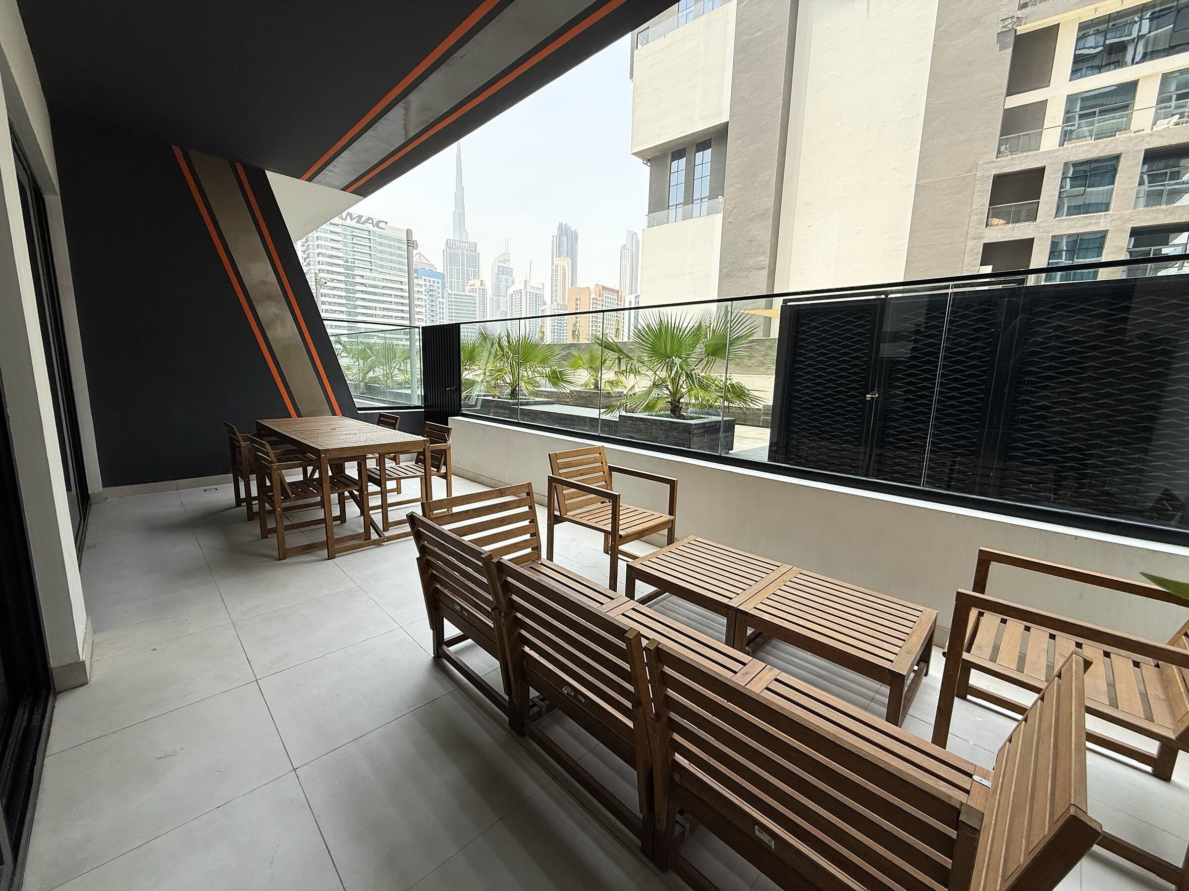 Terrace seating area with city outlook