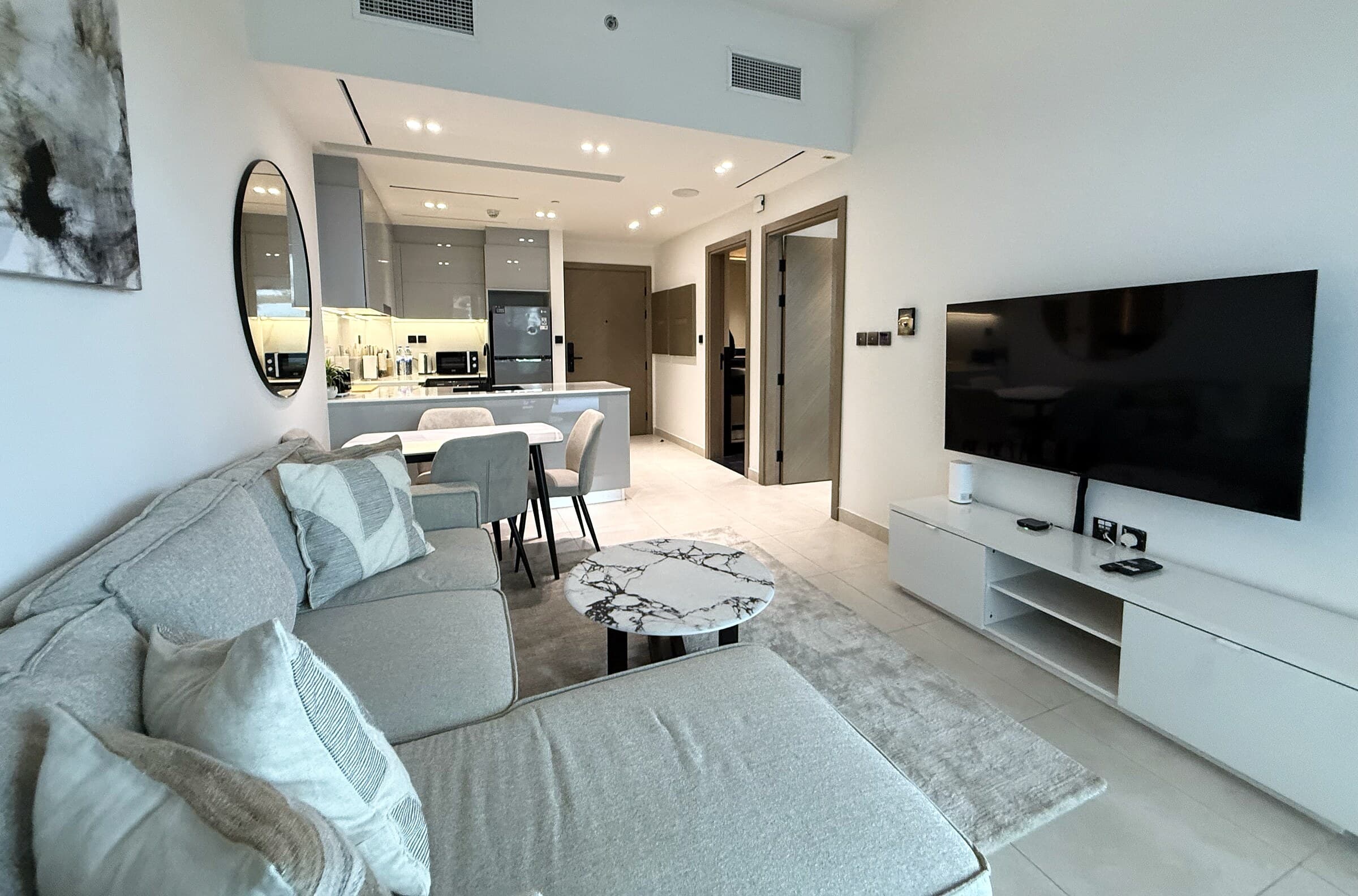 Open-plan living space looking towards the kitchen