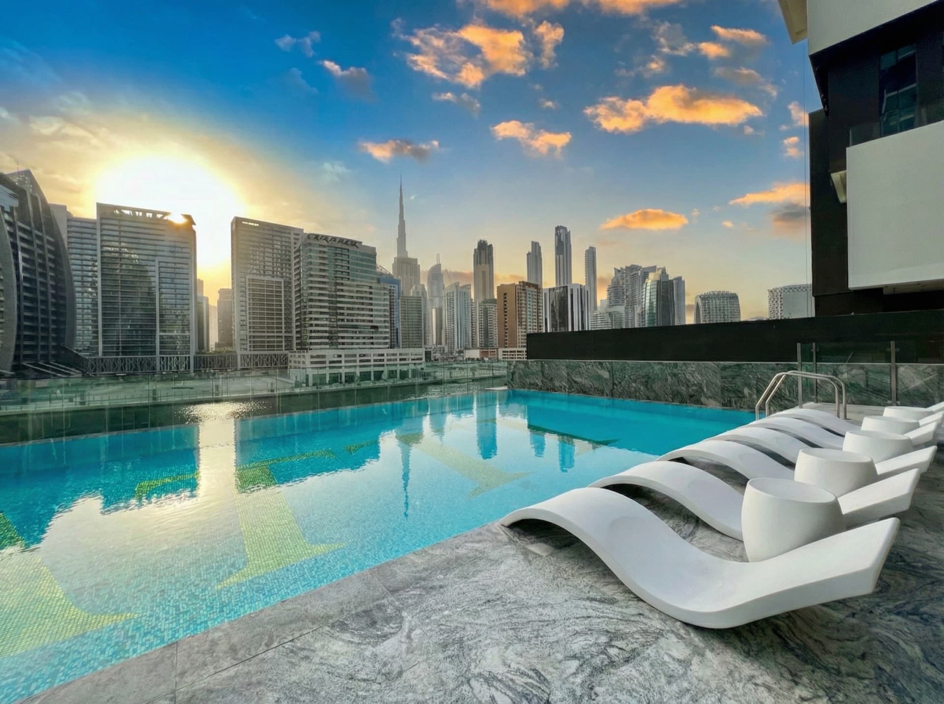 Rooftop pool at golden hour